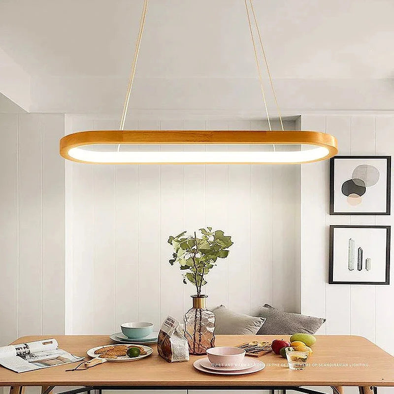 Nordic Solid Wood Oval Pendant Light | Adjustable Hanging Chandelier for Dining Room, Kitchen Island & Bar