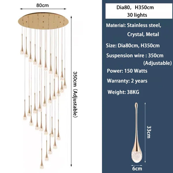 Luxury Crystal Staircase Chandelier | Long Hanging LED Pendant Light for Living Room, Lobby & Entryway